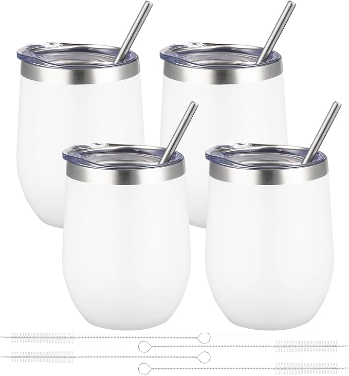 12oz/4 Pack Wine Tumbler Glasses with Lid Stemless Double Wall Vacuum Stainless Steel Travel Tumbler Keeping Cold & Hot for Wine,Coffee,Cocktails,Christmas Drinks-Family and Gifts(4 pack-White)