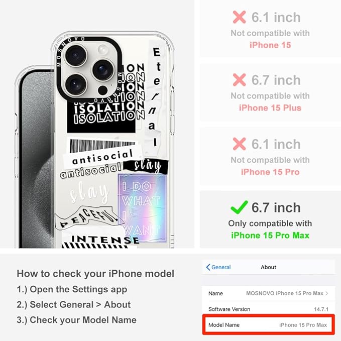 MOSNOVO Case for iPhone 15 Pro Max, [Buffertech 6.6ft Military-Grade Drop Protection] [Anti Peel Off Tech] Clear TPU Bumper Phone Case Cover Design - Slay