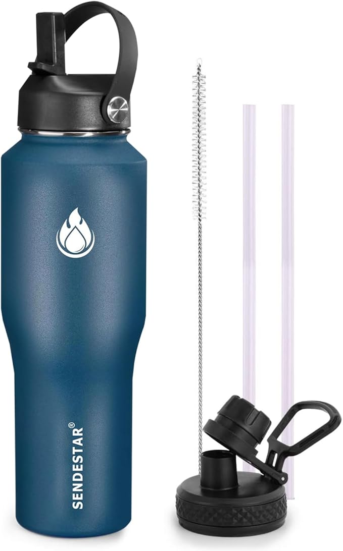 SENDESTAR Water Bottle 32oz,Wide Mouth Stainless Steel Vacuum Insulated Double Wall Keep Liquids Cold or Hot All Day,Sweat Proof Sport Design,Fit Car Cup Holder,2 Lids(Straw and Spout lid)(Cobalt)