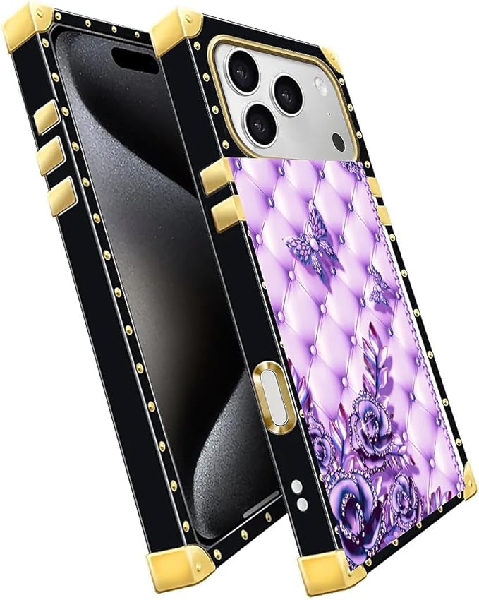 for iPhone 17 Pro Max Case Luxury Golden Decoration for Girl Women Soft TPU Shockproof Protective Hard PC Back for iPhone 17 Pro Max Crazy Pattern Purple Butterfly Flowers Leaf