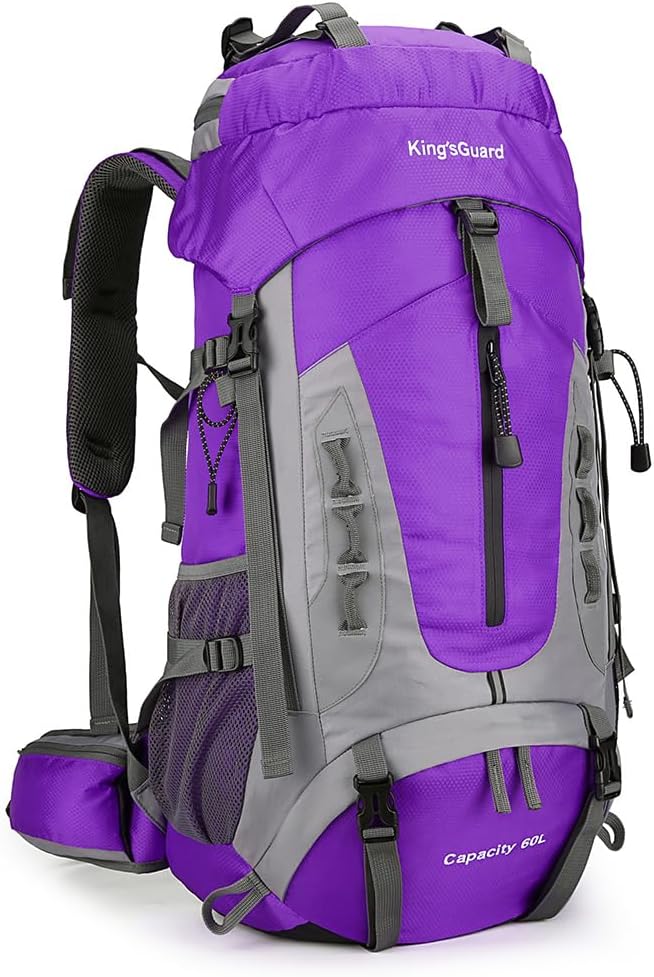 King'sGuard 60L Hiking Backpack for Men and Women Lightweight Camping Hiking Backpack with Rain Cover Large Waterproof Travel Backpack Backpacking Pack (Purple)