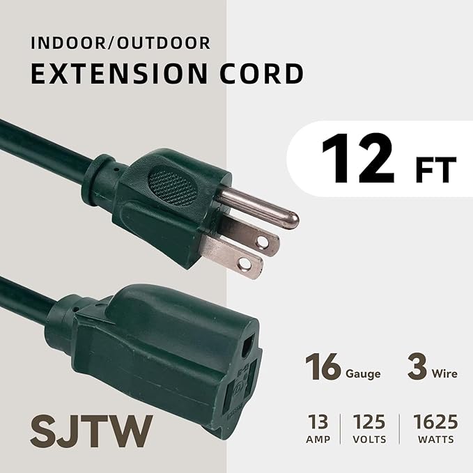 12ft Outdoor Extension Cord for Christmas Decorations- 16/3 Heavy Duty SJTW Waterproof Green Electrical Cable with 3 Prong Grounded Plug for Safety, Great for Lawn and Major Appliances