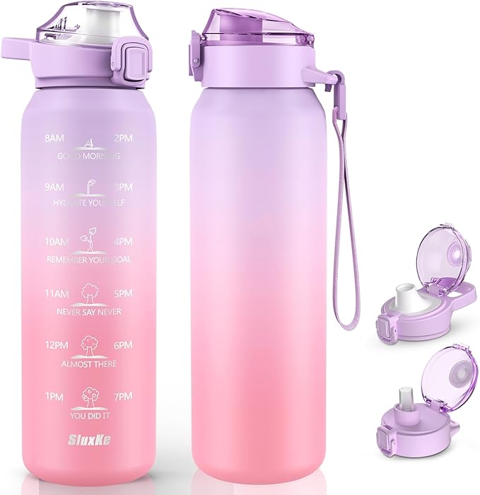 SLUXKE Stainless Steel Insulated Water Bottles 17oz with Handle, Double Wall Insulated Bottle with Time Marker BPA Free, 500ml Metal Water Flask for Outdoor Working School PURPLE PINK