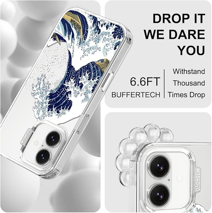 MOSNOVO for iPhone 17 Case | Military Grade 6.6ft Drop Tested | Camera Control | Clear with Great Wave Design