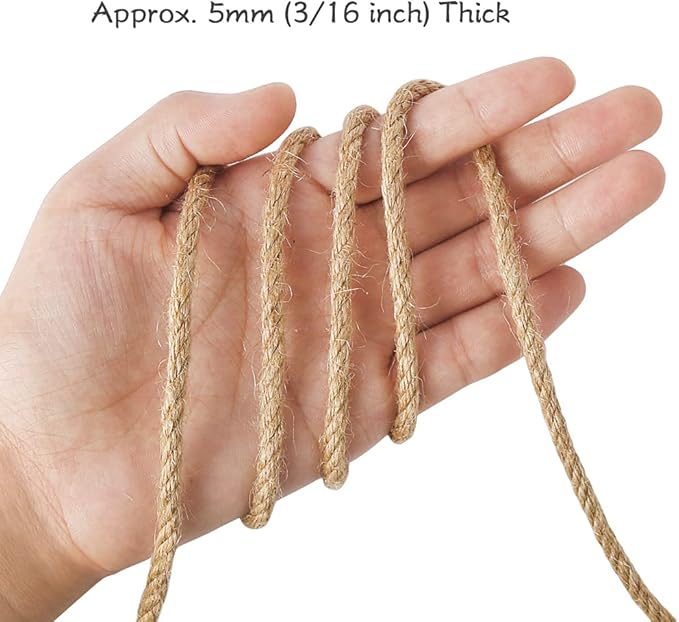 Tenn Well 5mm Jute Rope, 295 Feet 4Ply Twisted Thick Twine Rope for Gardening, Crafting, Packing, Bundling, Cat Scratching Post, Macrame Projects