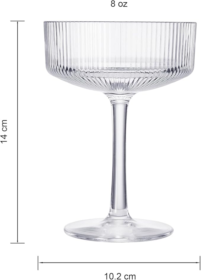 Khen Vintage Art Deco Shatterproof Coupe Martini, Champagne & Cocktail Glasses | Set of 4 | Acrylic Ribbed Glasses 8 oz Ripple Glassware Classic Cocktail Glassware Indoor & Outdoor, European Design