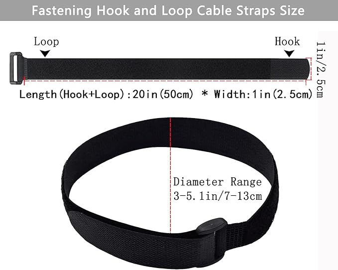 10 Pack (20 x 1 Inch) Reusable Fastening Cable Ties and Cable Straps,Adjustable Multi-Purpose Hook and Loop Straps Nylon Cable Ties Organizer Fastener Management Wire Straps