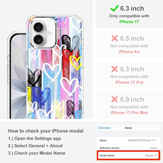 MOSNOVO for iPhone 17 Case, Shockproof Military-Grade Protection 6.6ft Drop Tested, Camera Control, Clear Phone Case for iPhone 17, Graffiti Hearts Design