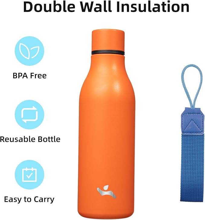 Konokyo Insulated Water Bottle with Strap,18 oz Double Wall Stainless Steel Vacuum Bottles Metal Water Flask,Orange