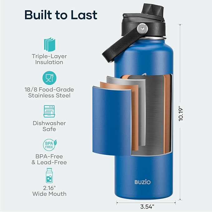 BUZIO Insulated Water Bottle with Straw Lid and Flex Cap,Stainless Steel Water Flask, Modern Double Vacuum Wide Mouth Metal Thermo Canteen, Cold for 48 Hrs Hot for 24 Hrs, 40 Ounces Blue