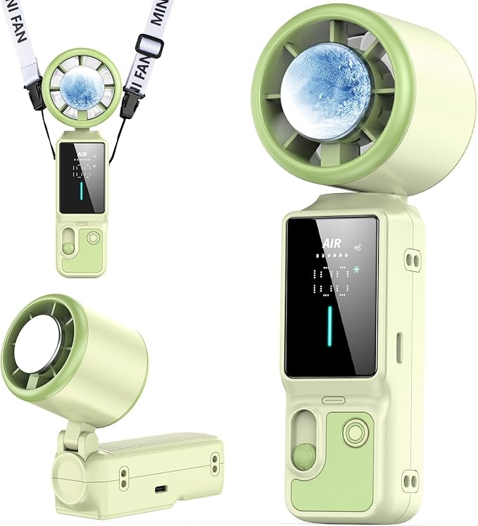 Foluu 3-in-1 Portable Cooling Fan with Active Cooling Technology, 16,000 RPM, 100-Speed Touch Control & LED Display, Type-C Fast Charge, Neck Strap & Stand – for Travel, Office, Outdoor (Green)