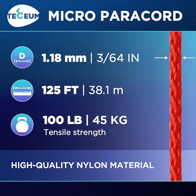TECEUM Micro Paracord – 1.18 mm X 125 ft – Micro Utility Cord – Thin Braided Paracord Rope – Best for Crafting, DIY Projects, Fishing, Camping – Wind Chime Replacement – Survival Strong String