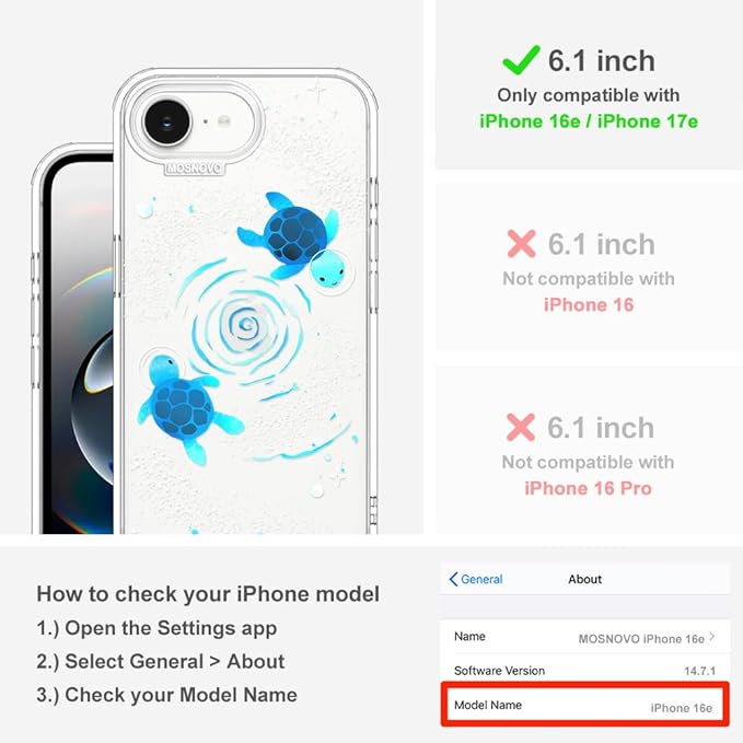 MOSNOVO for iPhone 17e Case/iPhone 16e Case, Shockproof Military-Grade Protection 6.6ft Drop Tested, Clear Phone Case for iPhone 16e / iPhone 17e, Space Turtle Design
