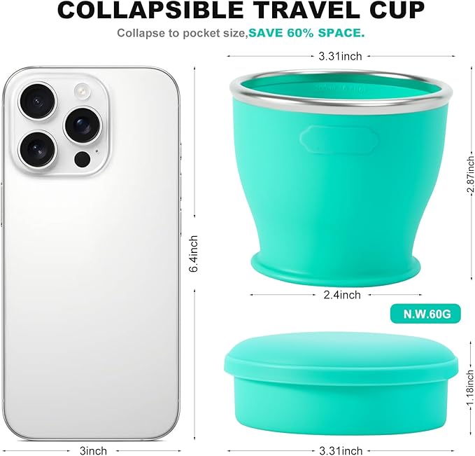 Collapsible Travel Cup, BPA-Free Reusable Water Cup, Lightweight Drinking Cups with Lids and Carrying Strap, Dishwasher Safe Silicone Cups for Camping, Travel, Airports, Hotel (Turquoise)