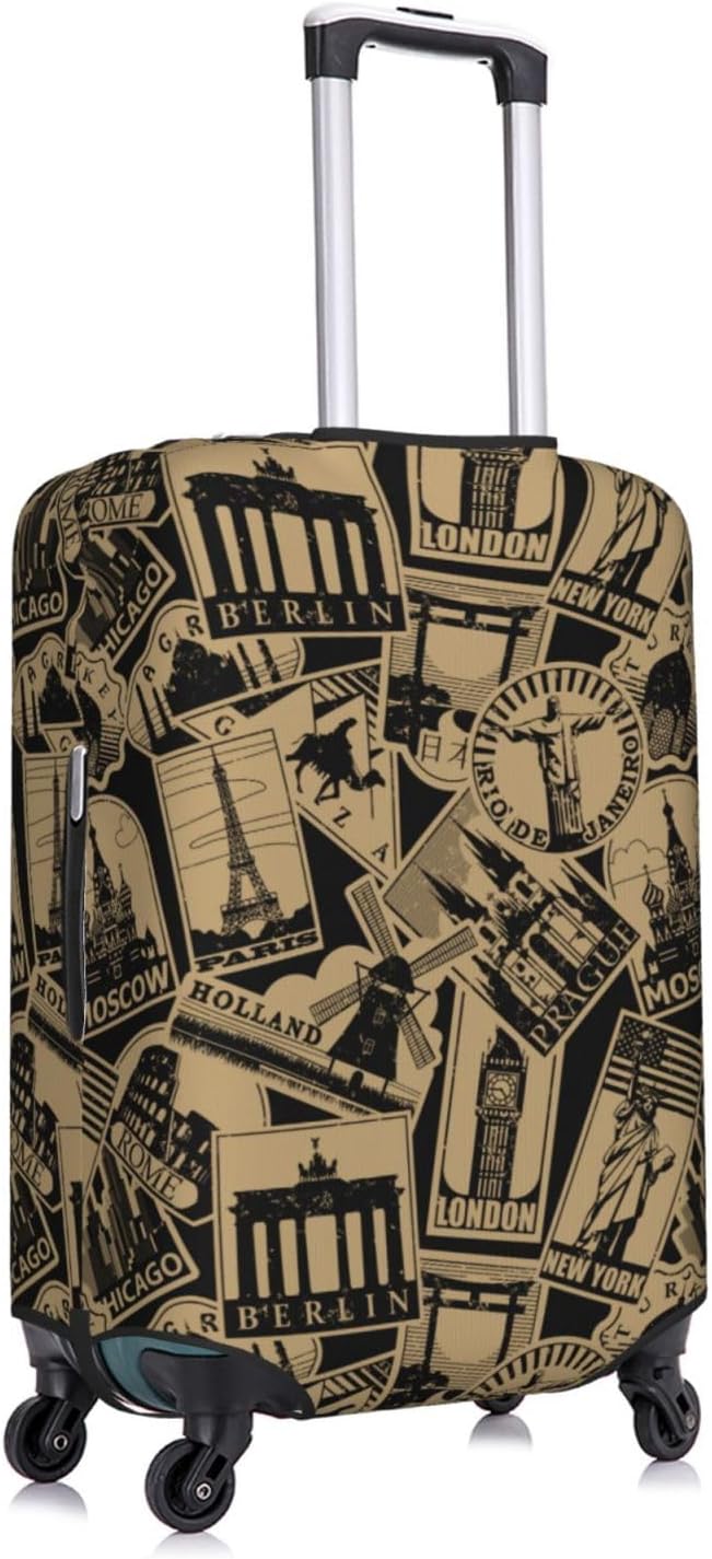 Travel Luggage Cover with World Famous Landmarks Print, Suitcase Protector For Travel (Fits 18-21 Inch Luggage)