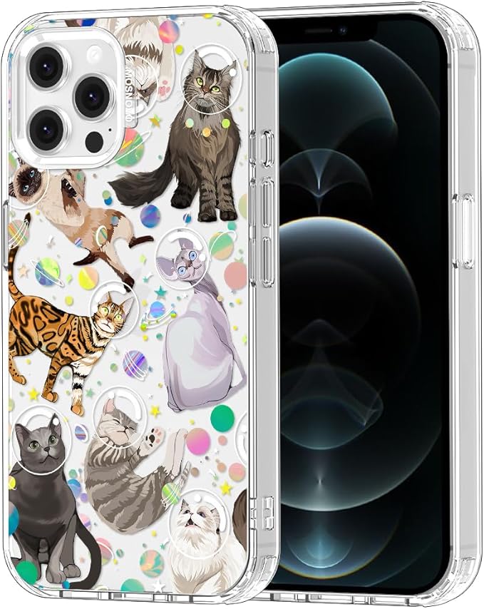 MOSNOVO Case for iPhone 12 & iPhone 12 Pro, [Buffertech 6.6ft Military-Grade Drop Protection] [Anti Peel Off Tech] Clear TPU Bumper Phone Case Cover Design - Space Cat