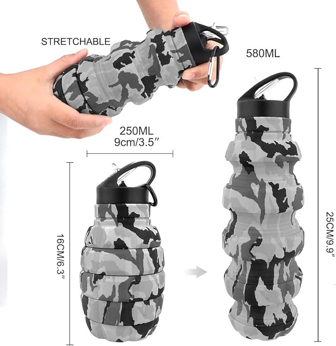QiCheng&LYS Collapsible Water Bottle – Reuseable BPA Free Silicone Travel Water Bottle Collapsible Very Suitable for Sport Hiking, Camping and Outdoortravel -19.5oz/580ML（Camouflage light grey）