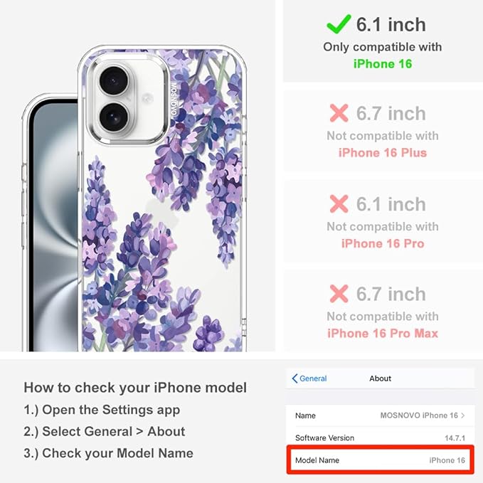 MOSNOVO Case for iPhone 16, [Buffertech 6.6ft Military-Grade Drop Protection] [Anti Peel Off Tech] Clear TPU Bumper Phone Case Cover Design - Lavender
