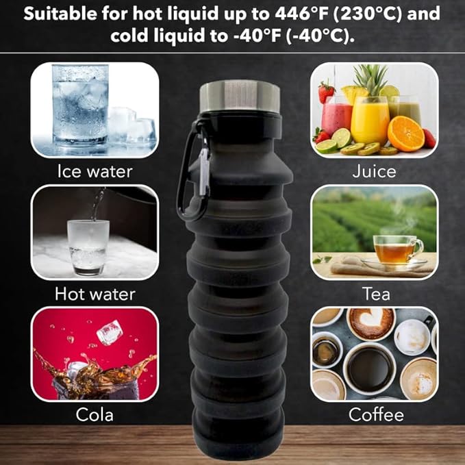 Gadgetime USA Collapsible Water Bottle (Black) - Reusable, BPA Free, Silicone, Foldable Portable & Leak Proof - Water Bottles for Travel Gym Camping Hiking - Sports Water Bottle with Carabiner