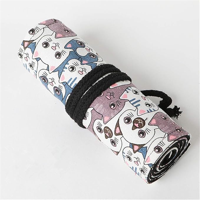 Funny live 24/36/48/72 Slots Colored Pencil Wrap Roll up Pen Holder Case Drawing Coloring Pencil Roll Organizer Stationery Case for Student Artist Traveler (Big-Head Cats, 48 Slots)