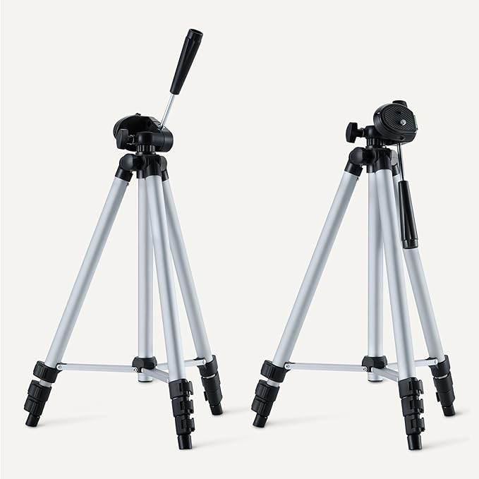 Amazon Basics 50" Lightweight Tripod for Camera and Phone with Travel Bag, Remote Control and Phone Holder, Height Adjustable, Aluminum, Silver