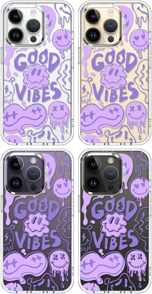 MOSNOVO Case for iPhone 14 Pro, [Buffertech 6.6ft Military-Grade Drop Protection] [Anti Peel Off Tech] Clear TPU Bumper Phone Case Cover Design - Good Vibes