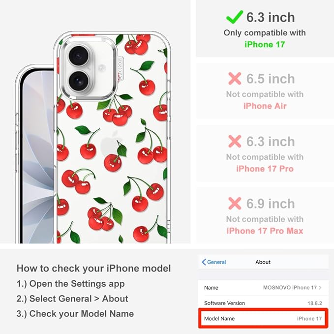 MOSNOVO for iPhone 17 Case | Military Grade 6.6ft Drop Tested | Camera Control | Clear with Cute Cherry Design