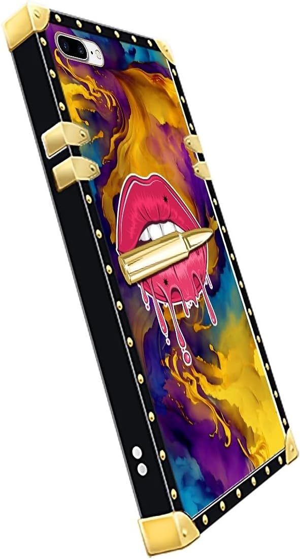 Compatible with iPhone 8 Plus 7 Plus Case, Cool Corlorful Lip Marble Luxury Golden Decoration for Girl Women Soft TPU Shockproof Protective Hard PC Back for iPhone 8 Plus 7 Plus