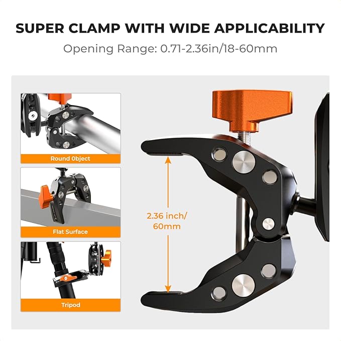 K&F CONCEPT Camera Clamp Mount, Super Clamp Mount Magic Arm with Two 360° Ball Heads, ARRI 1/4" Screw Threads for DSLRs, Action Camera, Tripod, Phone Compatible with Gopro/DJI/Insta360