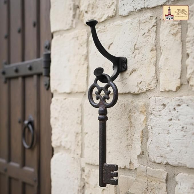 Mystic Colonial Rustic Medieval Cast Iron Wall Hooks (Set of 2) | (4 in x 3 in) Vintage Black Finish Double Coat & Hat Hook Hangers | Heavy-Duty Hook for Farmhouse, Gothic & Modern Spaces