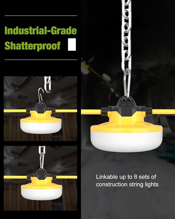 100FT Construction String Lights 3Prong Temp Lighting,130W 16000LM Industrial String Work Lights, IP65 Waterproof 18AWG Wire 5000K Super Bright for Jobsites Temporary Outdoor & Crawl Space Lighting
