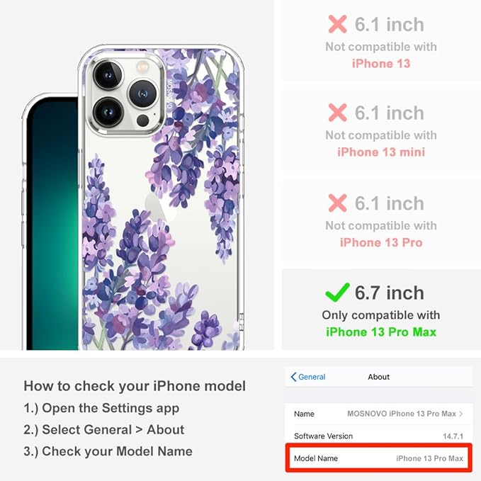 MOSNOVO Case for iPhone 13 Pro Max, [Buffertech 6.6ft Military-Grade Drop Protection] [Anti Peel Off Tech] Clear TPU Bumper Phone Case Cover Design - Lavender