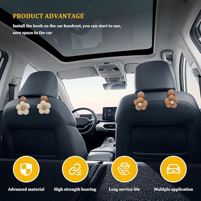 4PCS Car Hooks for Purses and Bags, Flower Car Headrest Hook, Multipurpose Back Seat Hanger Storage Organize Universal (4PCS-Brown Flower)