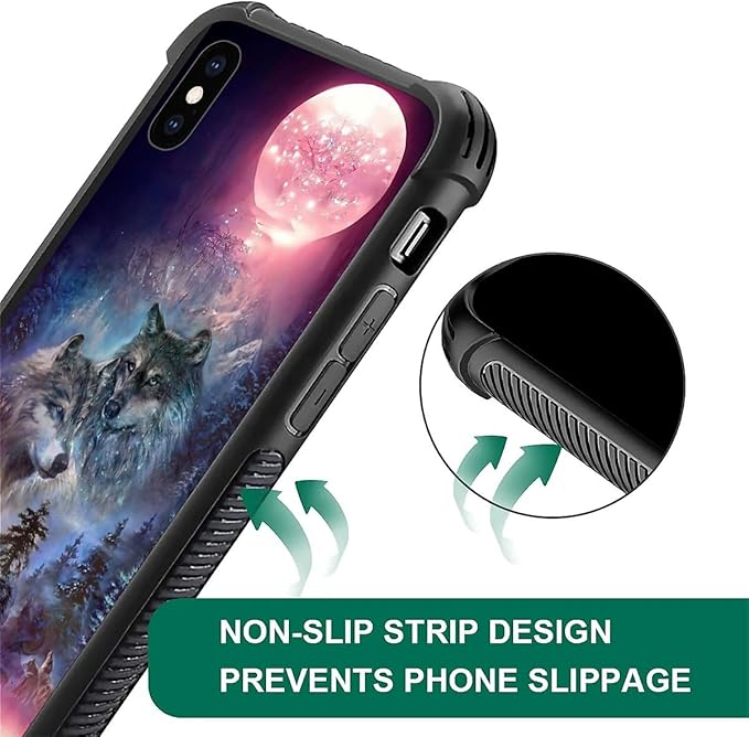 for iPhone Xs Max Case, Star Two Wolfs Howling Pattern Graphic Design Girl Boy Soft Silicone Hard Acrylic Shock Protection for iPhone Xs Max