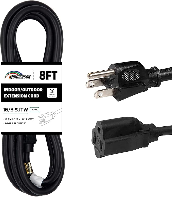 8FT Outdoor Extension Cord-16/3 SJTW Durable Black 3 Prong Grounded Plug Power Cord for Safety,Great for Outside Christmas Decorations