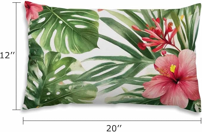EKOBLA Watercolor Tropical Floral Pillow Cover Hawaii Palm Tree Hibiscus Square Cotton Linen Decorative Cushion Case for Couch Sofa Chair Bed 12x20 Inches