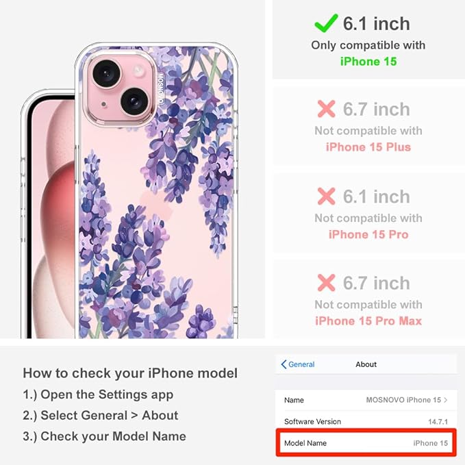 MOSNOVO Case for iPhone 15, [Buffertech 6.6ft Military-Grade Drop Protection] [Anti Peel Off Tech] Clear TPU Bumper Phone Case Cover Design - Lavender