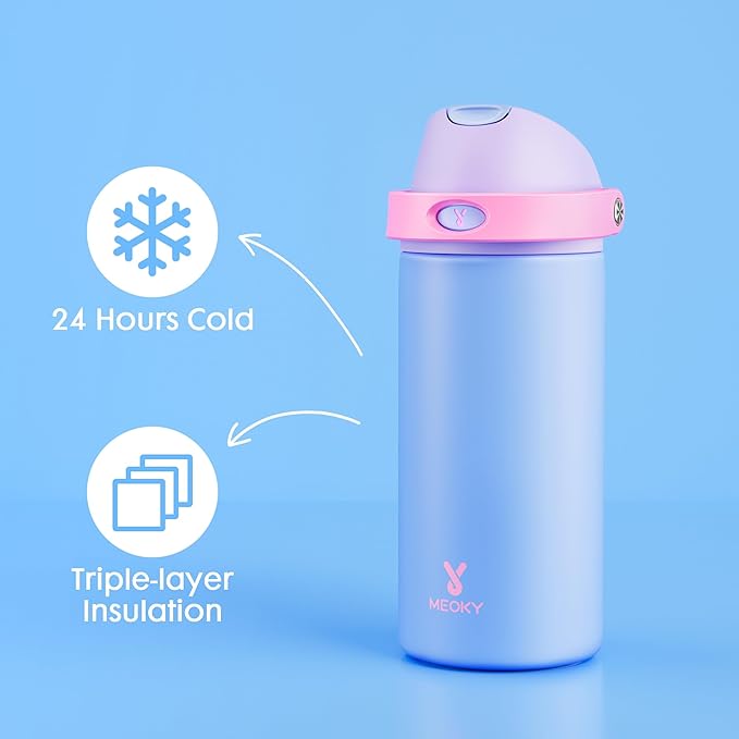18 oz Insulated Water Bottle for Sports: Meoky Kids Water Bottle with 2-in-1 Straw and Spout Lid - Leak Proof, Cold for 24 Hours, Fits in Car Cup Holder for Girls School Travel, Hydrangea
