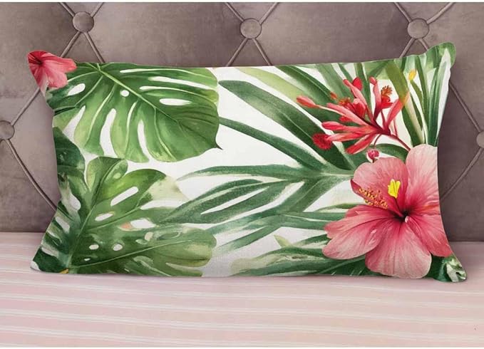 EKOBLA Watercolor Tropical Floral Pillow Cover Hawaii Palm Tree Hibiscus Square Cotton Linen Decorative Cushion Case for Couch Sofa Chair Bed 12x20 Inches