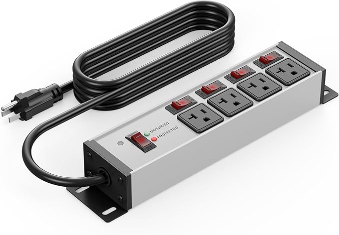 CCCEI Heavy Duty Surge Protector Power Strip 20 Amp Individual Switches. 20FT 12 Gauge Extension Cord with Multiple Outlets. Kitchen, Garage, Shop, Industrial Wall Mount Electric Extender, Grey.