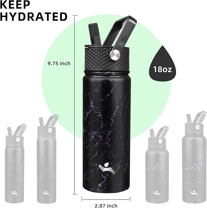 Konokyo 18 oz Insulated Water Bottle Stainless Steel Sport Bottles with 3 Lids,Marble Midnight