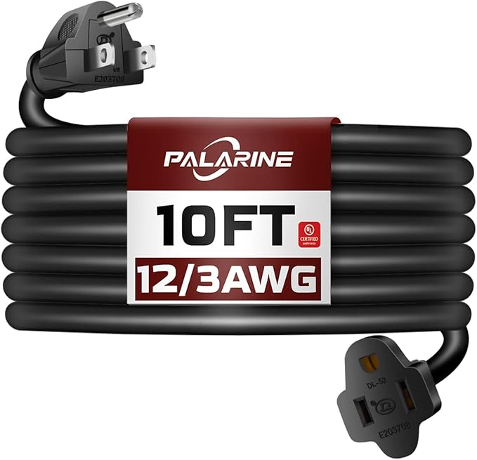 10ft Black Outdoor Extension Cord Waterproof, UL Listed, 12/3 SJTW Heavy Duty 3 Prong, 12 Gauge 15A Power Cord Ideal for Indoor Outdoor Lights, Appliances, and Lawn