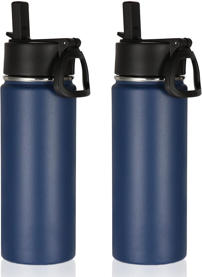 Volhoply 18oz Insulated Water Bottle Bulk 2 Pack,Kids Stainless Steel Water Bottles with Straw Lid,Double Wall Vacuum Metal Bottle,Wide Mouth Reusable Sports Flask for Cold Drink(Navy,2 Set)