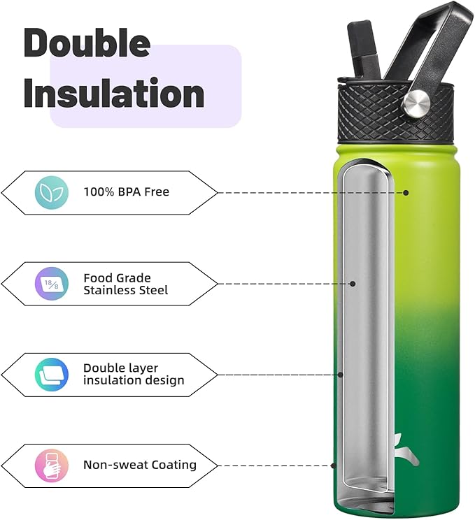 Konokyo 22oz Stainless Steel Bottles with 3 Lids Sport Insulated Water Bottle,Bamboo Grove