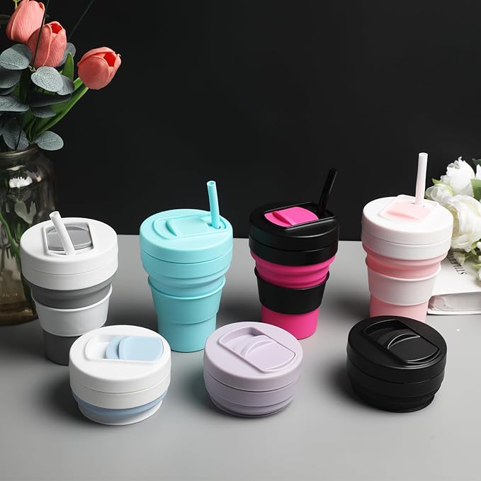 12 OZ Collapsible Travel Cup with Lid,Silicone Foldable Drinking Cup for Camping Hiking,Portable Silicone Water Bottle for Hot and Cold Beverages with Straw- Grey & White