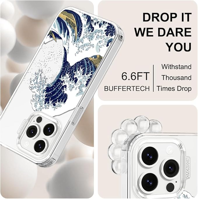 MOSNOVO Case for iPhone 13 Pro, [Buffertech 6.6ft Military-Grade Drop Protection] [Anti Peel Off Tech] Clear TPU Bumper Phone Case Cover Design - Great Wave