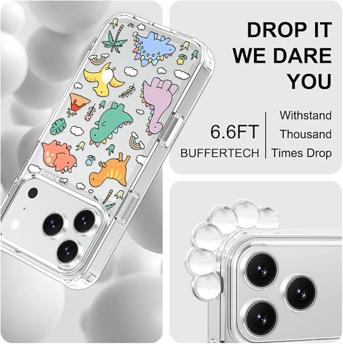 MOSNOVO for iPhone 17 Pro Case | Military Grade 6.6ft Drop Tested | Camera Control | Clear with Dinosaur Land Design