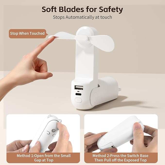 Mini Portable Handheld Fan,USB Rechargeable 3 IN 1 Personal Cooling Fans,Small Foldable Pocket Fan with LED Flashlight for Travel & Emergency Essentials,Outdoor White