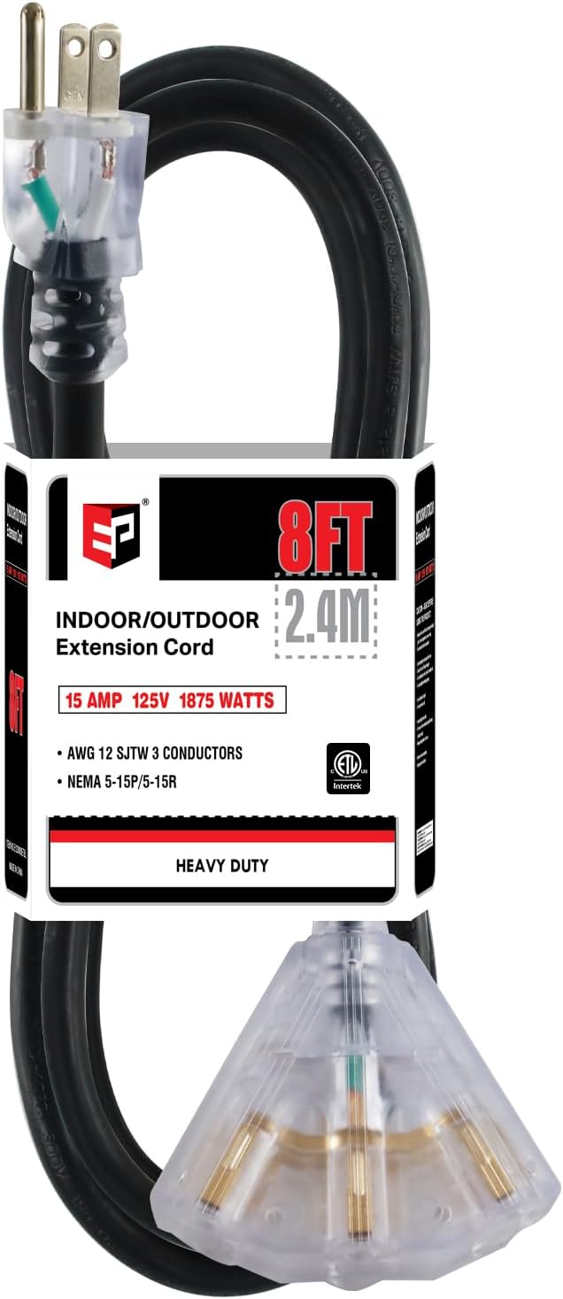 EP 8 Ft 12 Gauge Heavy Duty Extension Cord, 15A 125V 1875W, 3 Outlet Indoor/Outdoor Power Cord with Lighted End, 12/3 SJTW Weatherproof Black