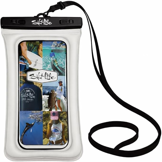 Salt Life Floating Waterproof Phone Case– IPX8 100% Waterproof Phone Case that Floats in Water, Universal Phone Dry Bag with Touchscreen Clear Window, Secure Seal Closure & Lanyard (White)